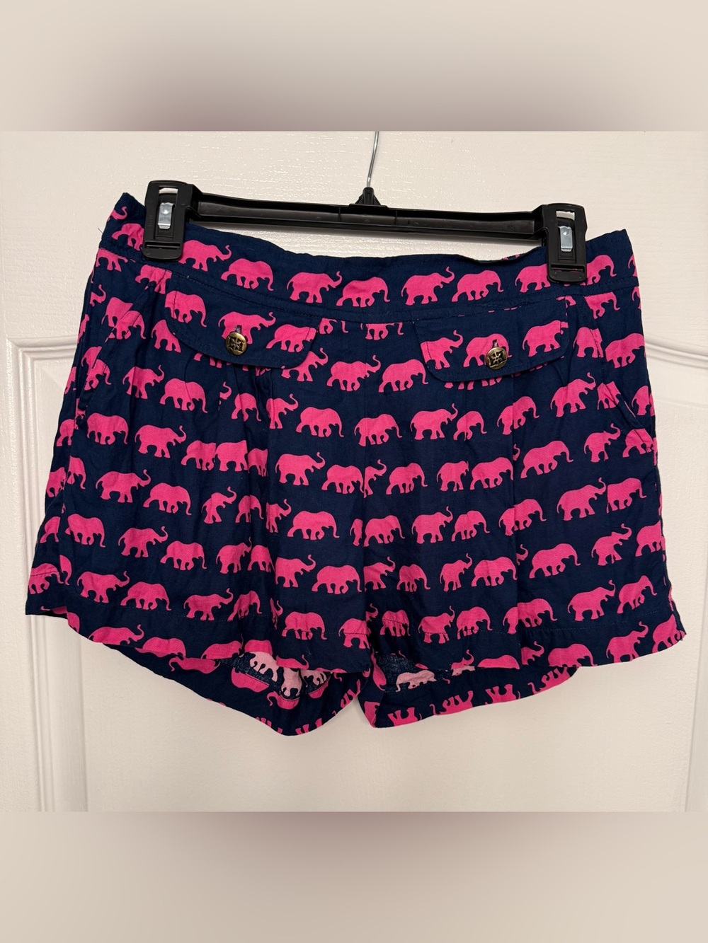 Escapada Womens Small Elephant Print Shorts Navy Pink Preppy Resort Rayon